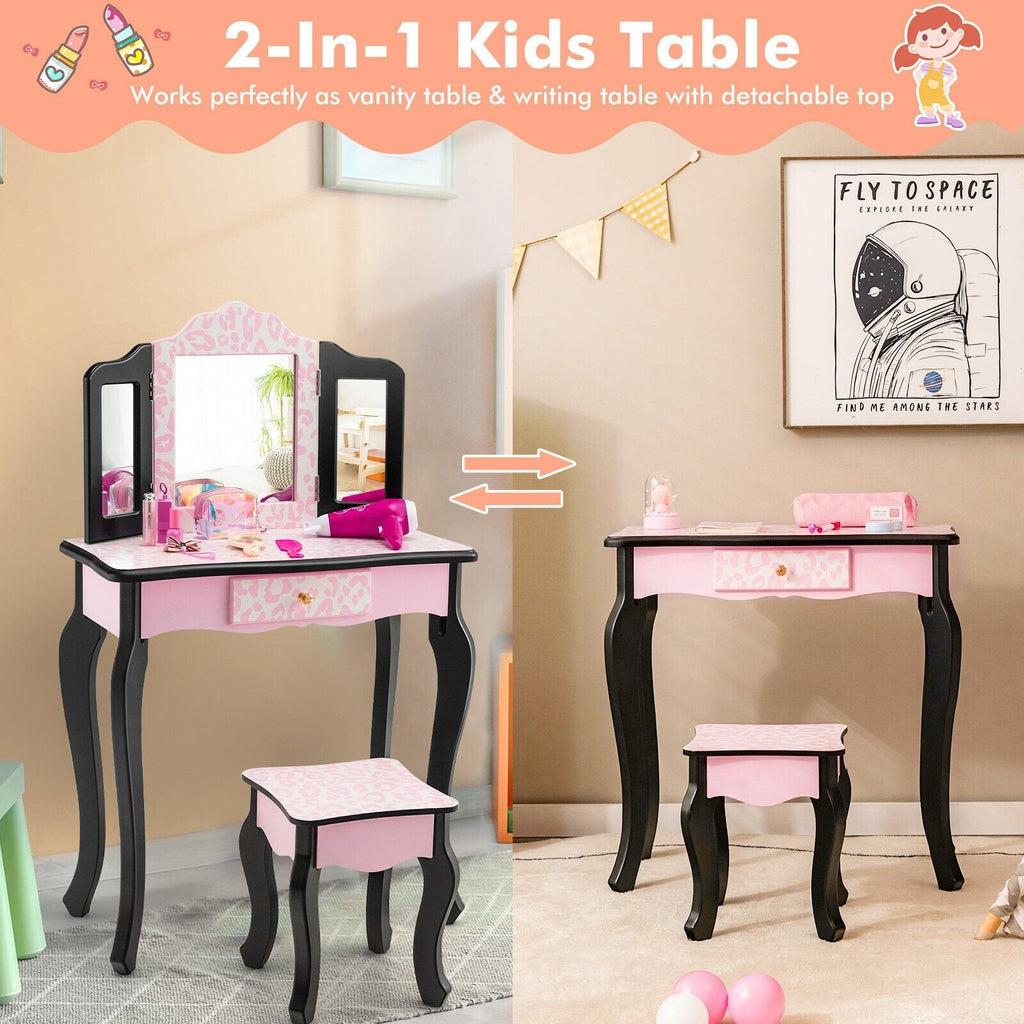 Juego de tocador infantil con espejo triple y estampado de leopardo - Rosa
