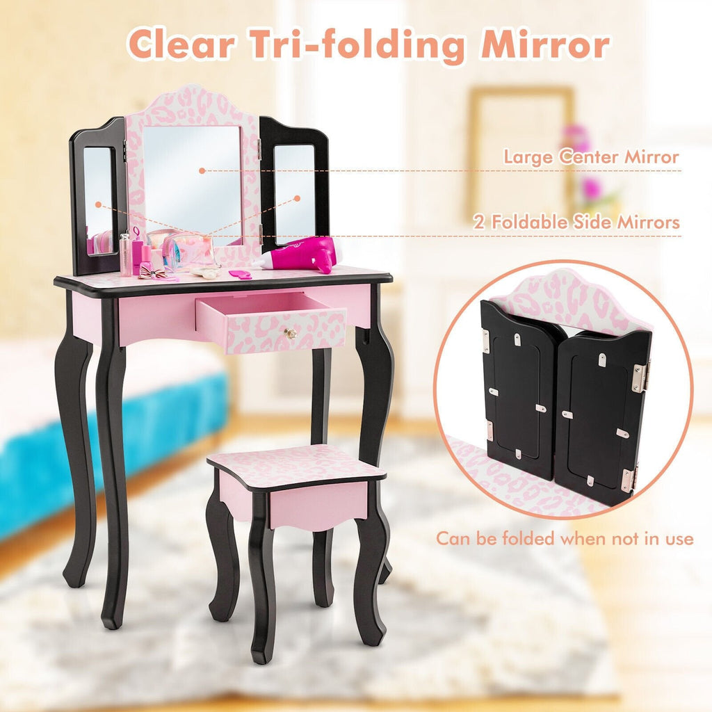 Juego de tocador infantil con espejo triple y estampado de leopardo - Rosa