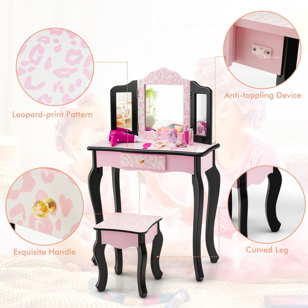 Juego de tocador infantil con espejo triple y estampado de leopardo - Rosa