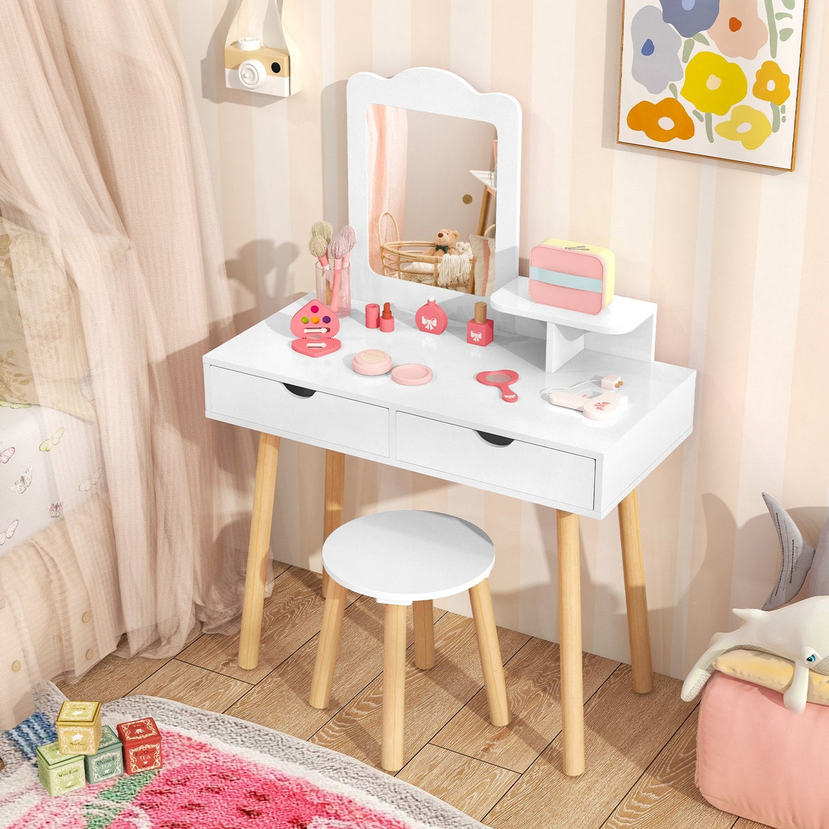 Coiffeuse pour enfants avec miroir et 2 grands tiroirs de rangement – Blanche