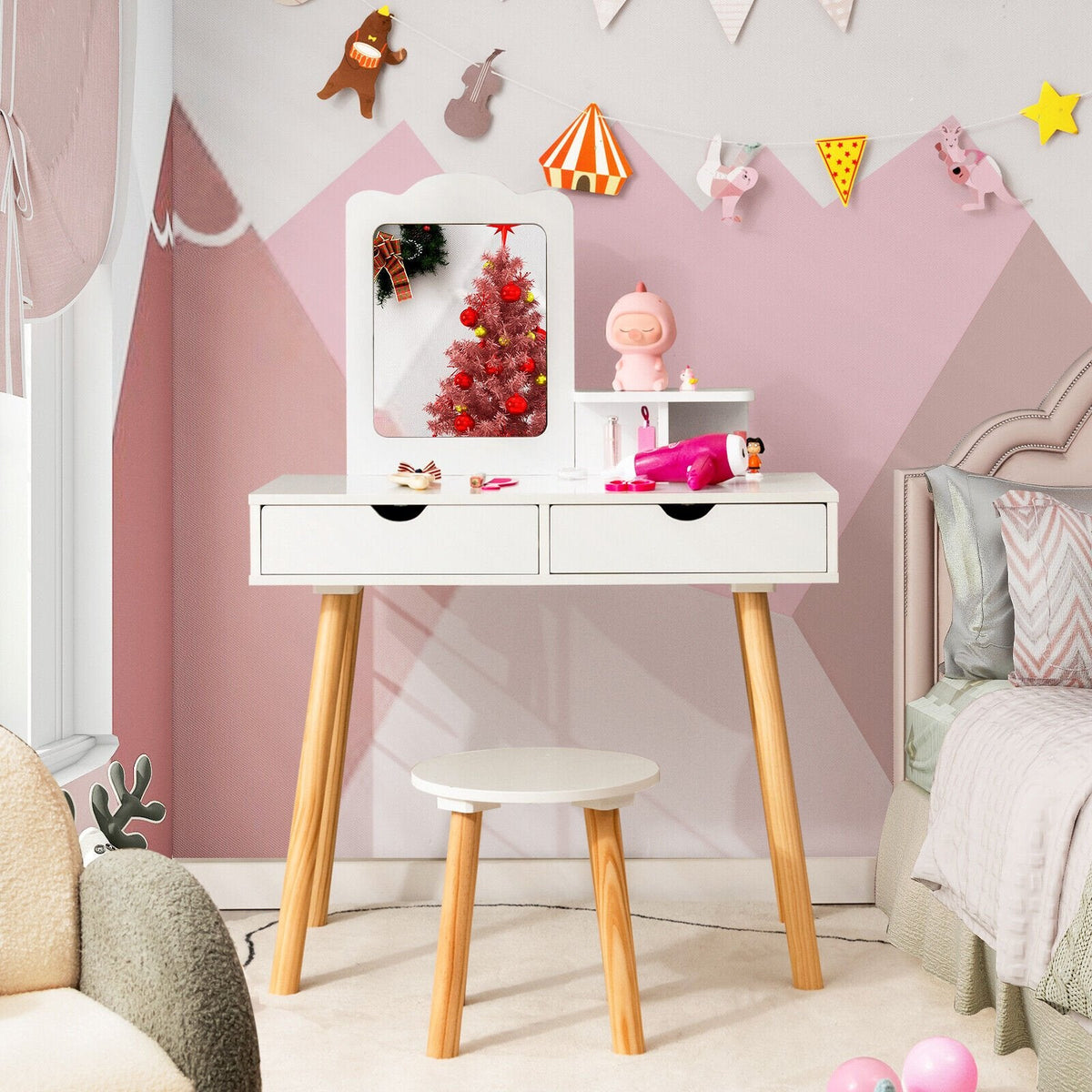 Coiffeuse pour enfants avec miroir et 2 grands tiroirs de rangement – Blanche