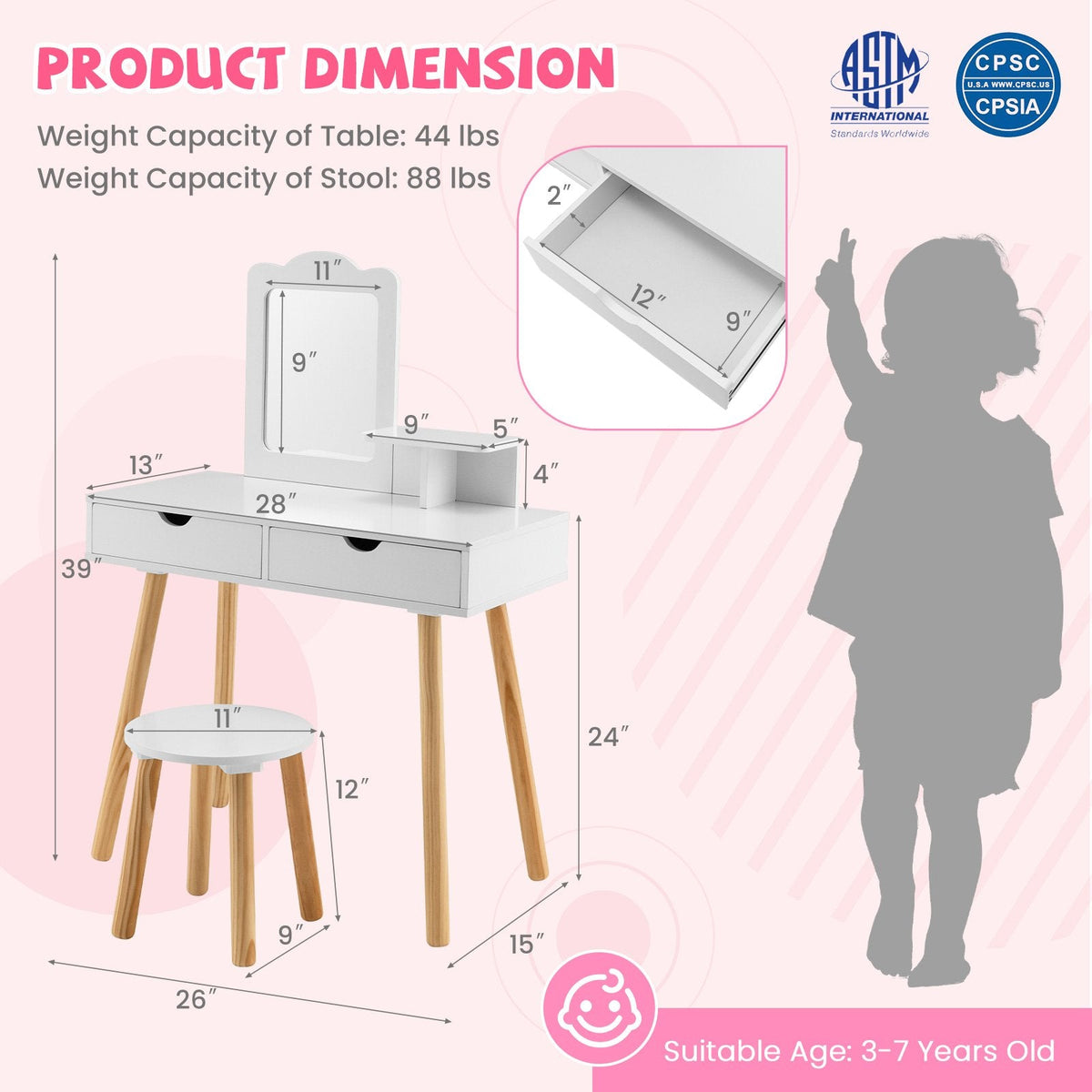Coiffeuse pour enfants avec miroir et 2 grands tiroirs de rangement – Blanche