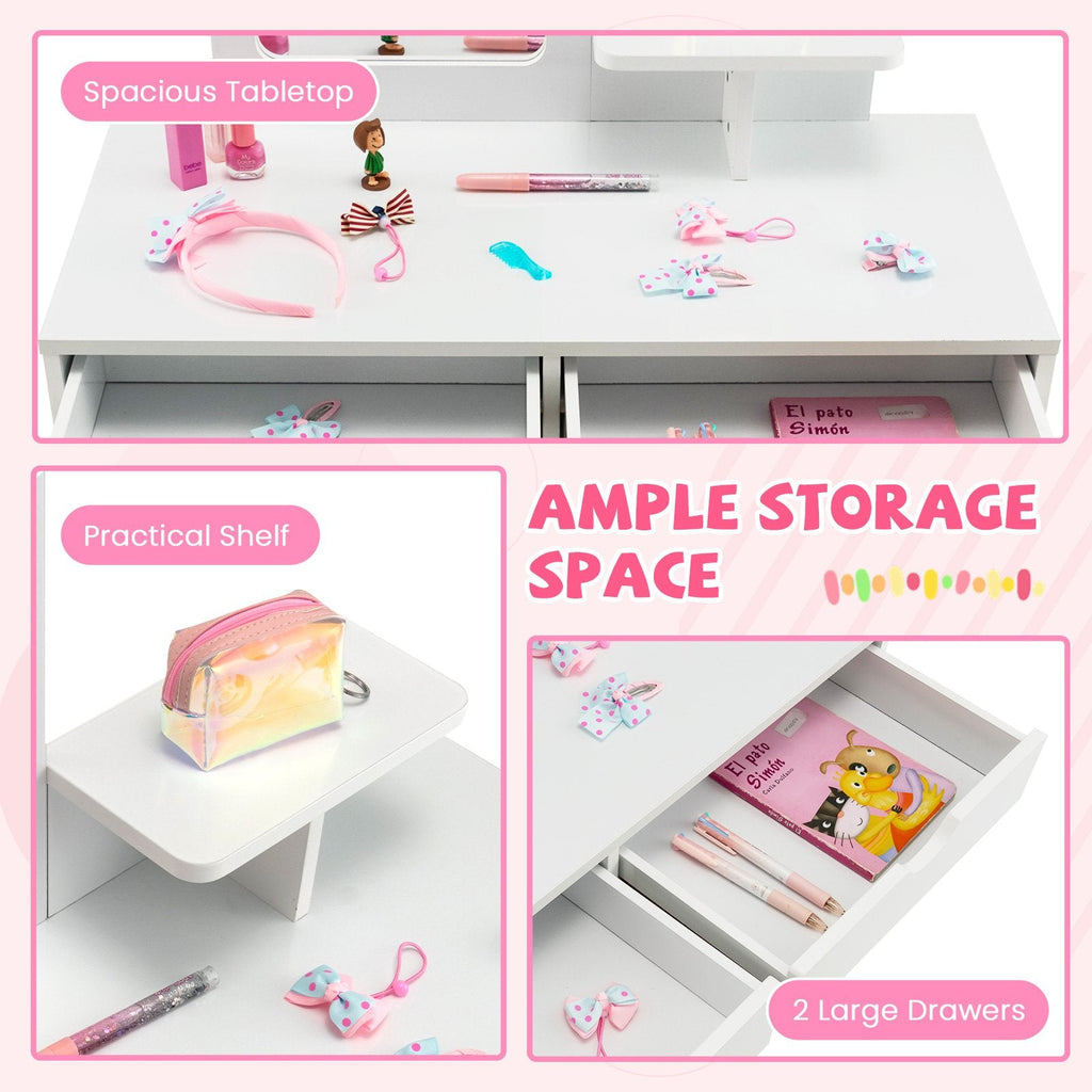 Coiffeuse pour enfants avec miroir et 2 grands tiroirs de rangement – Blanche