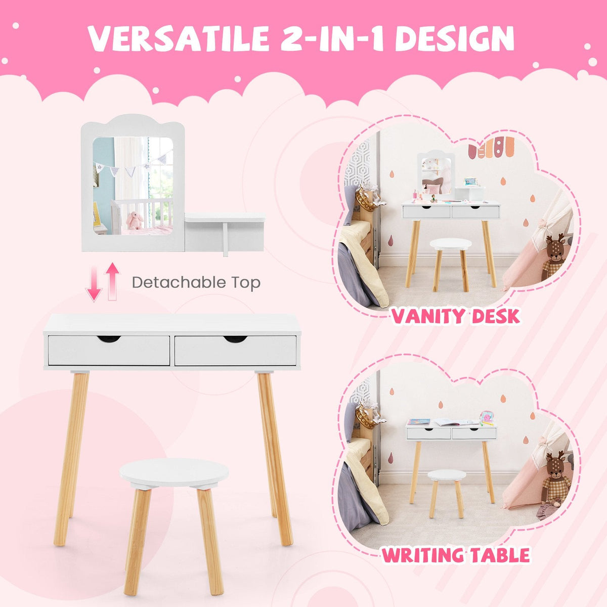 Coiffeuse pour enfants avec miroir et 2 grands tiroirs de rangement – Blanche