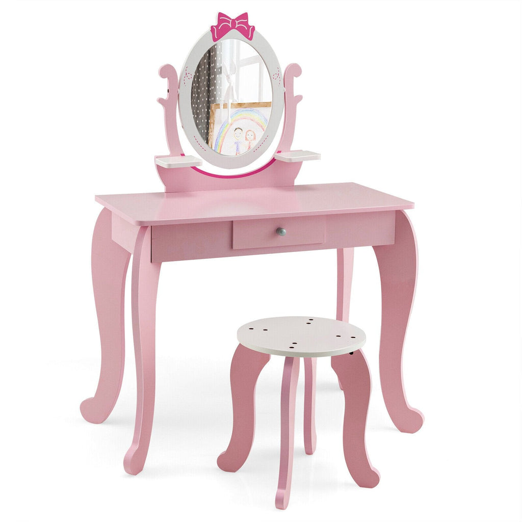 Schminktisch-Set für Kinder mit Hocker und ovalem, drehbarem Spiegel – Rosa