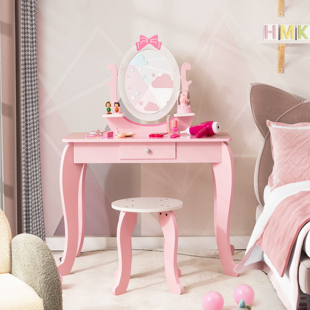Schminktisch-Set für Kinder mit Hocker und ovalem, drehbarem Spiegel – Rosa