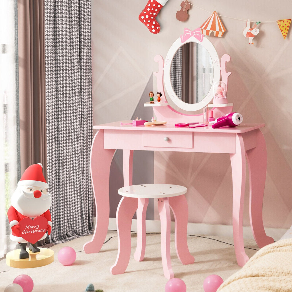 Schminktisch-Set für Kinder mit Hocker und ovalem, drehbarem Spiegel – Rosa