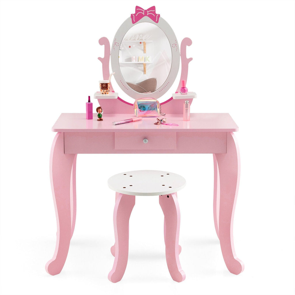 Schminktisch-Set für Kinder mit Hocker und ovalem, drehbarem Spiegel – Rosa
