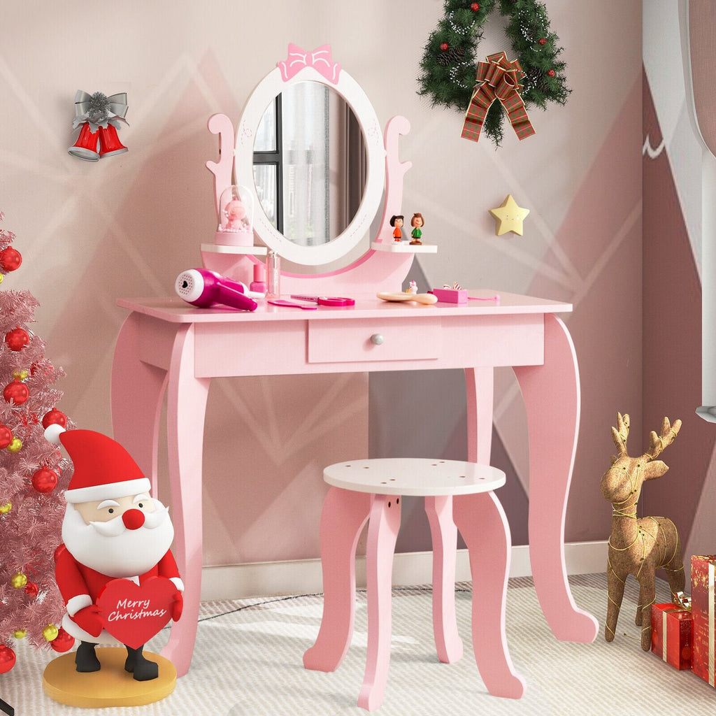 Schminktisch-Set für Kinder mit Hocker und ovalem, drehbarem Spiegel – Rosa