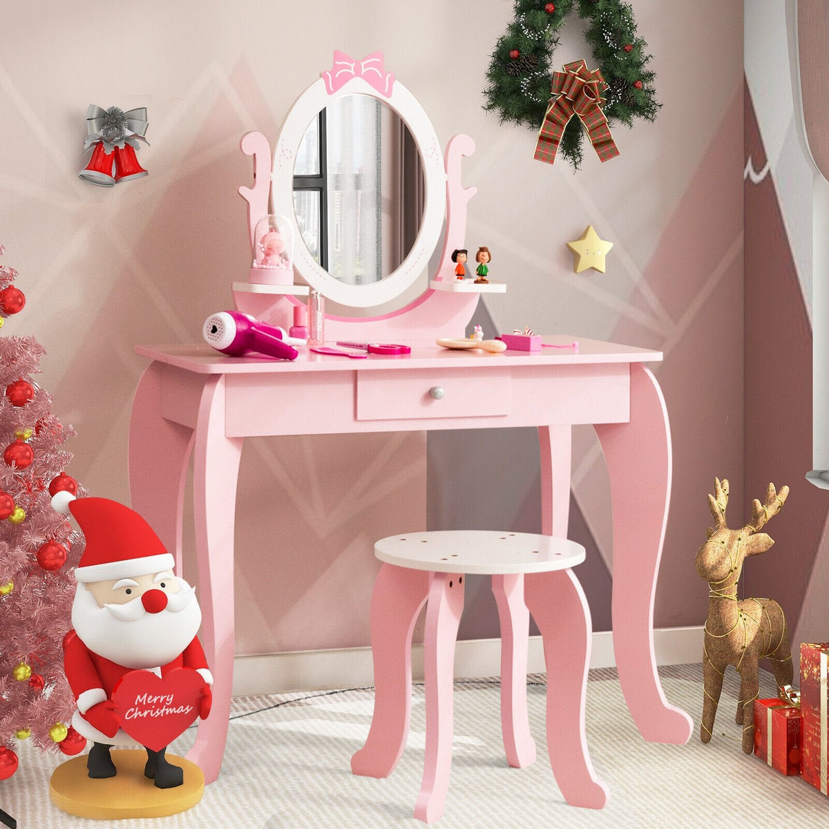 Schminktisch-Set für Kinder mit Hocker und ovalem, drehbarem Spiegel – Rosa