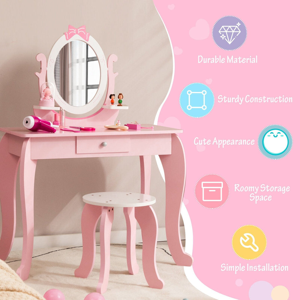 Schminktisch-Set für Kinder mit Hocker und ovalem, drehbarem Spiegel – Rosa
