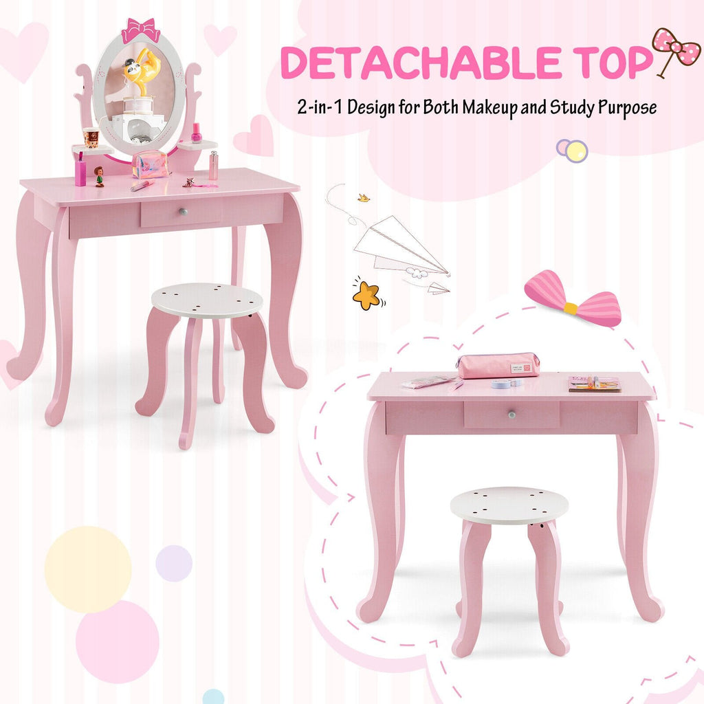 Schminktisch-Set für Kinder mit Hocker und ovalem, drehbarem Spiegel – Rosa