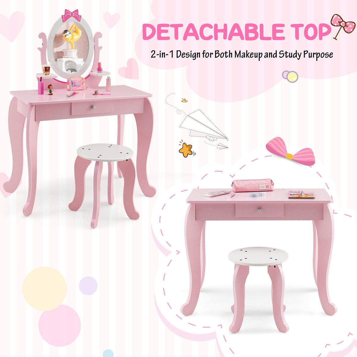Schminktisch-Set für Kinder mit Hocker und ovalem, drehbarem Spiegel – Rosa