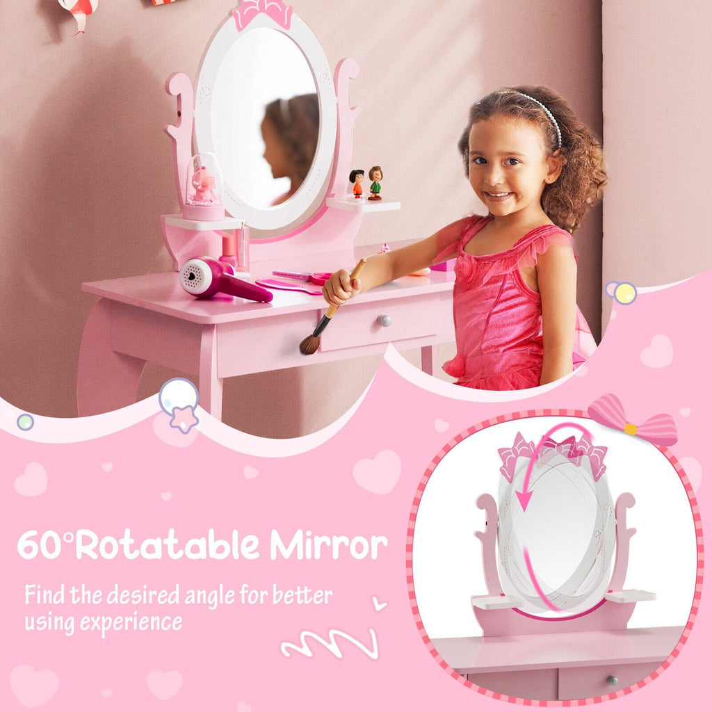 Schminktisch-Set für Kinder mit Hocker und ovalem, drehbarem Spiegel – Rosa