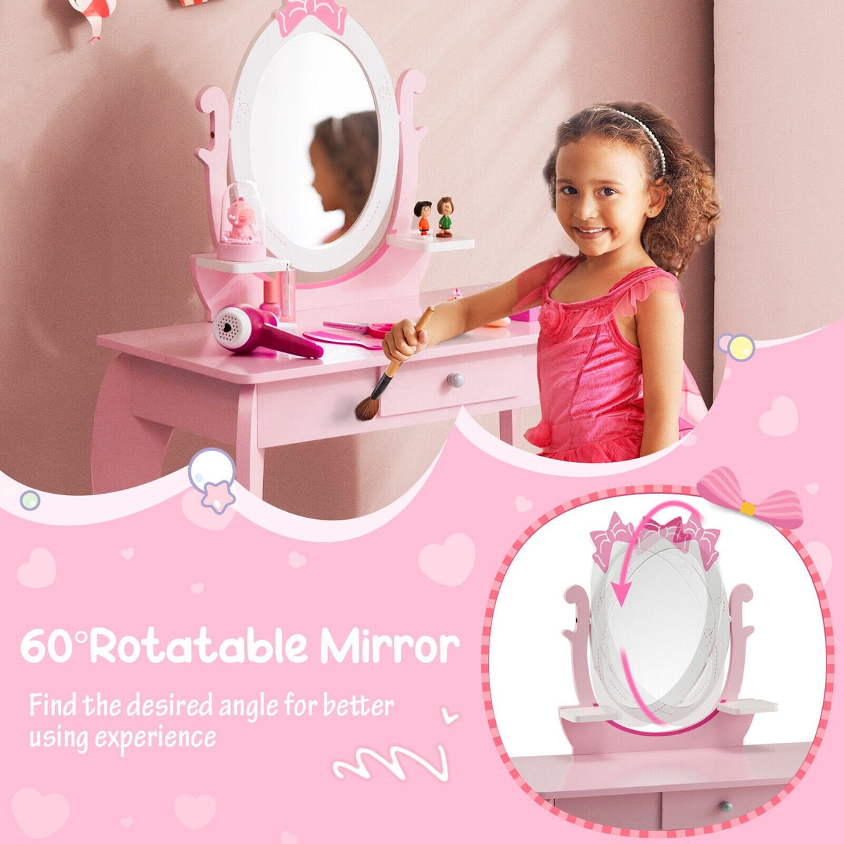Schminktisch-Set für Kinder mit Hocker und ovalem, drehbarem Spiegel – Rosa
