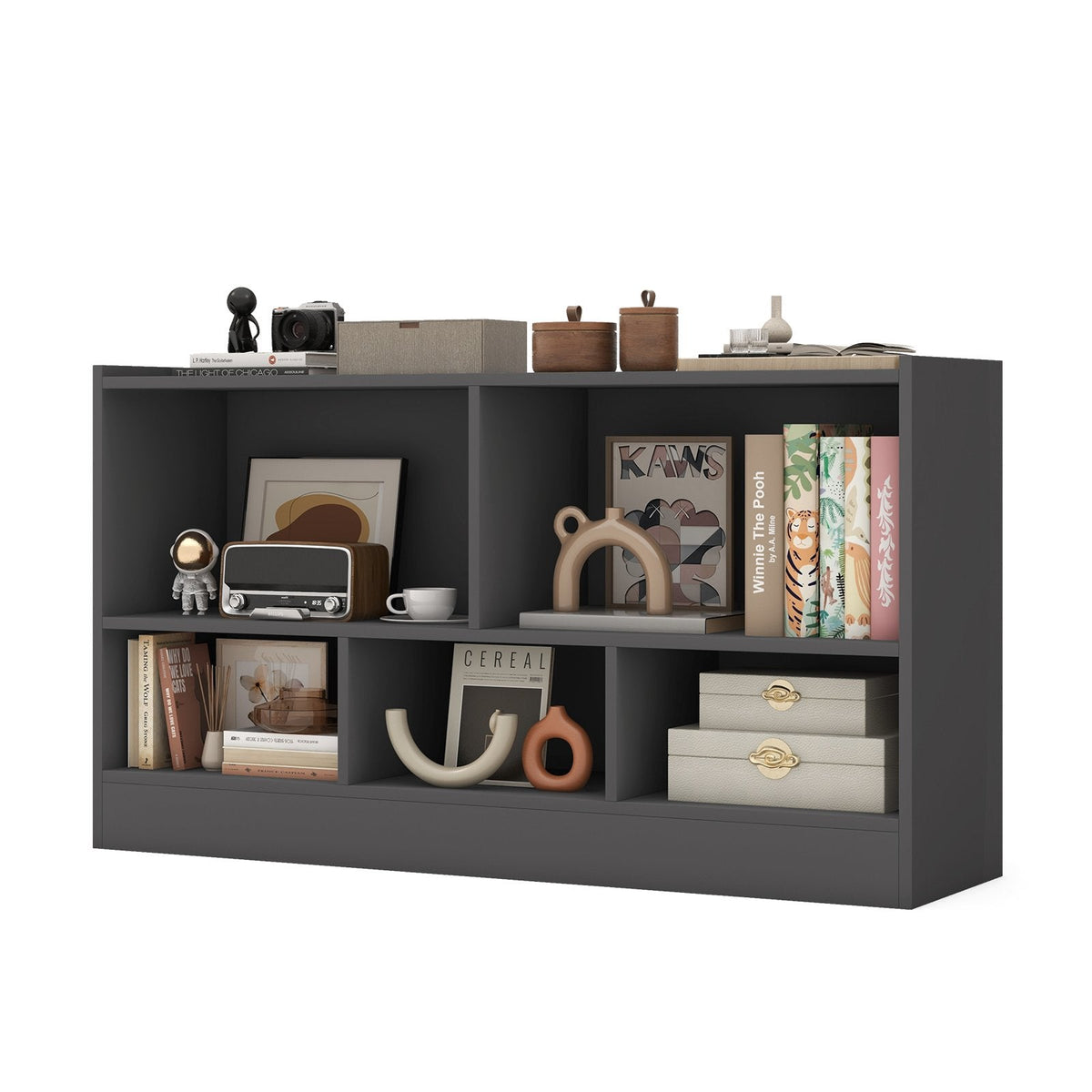 Bibliothèque pour enfants à 2 étagères, meuble de rangement de jouets en bois à 5 compartiments – Gris