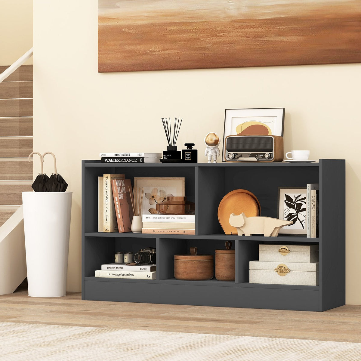 Bibliothèque pour enfants à 2 étagères, meuble de rangement de jouets en bois à 5 compartiments – Gris