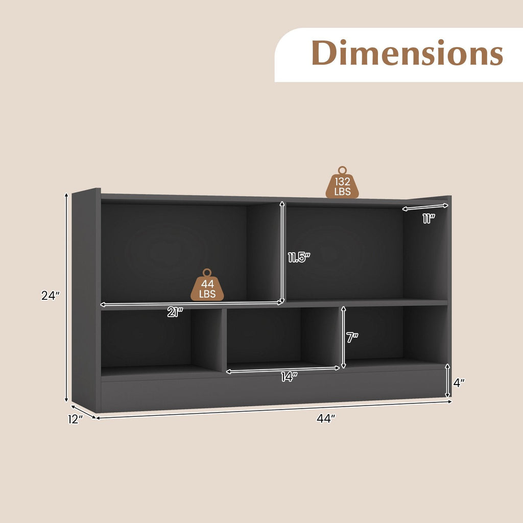Bibliothèque pour enfants à 2 étagères, meuble de rangement de jouets en bois à 5 compartiments – Gris