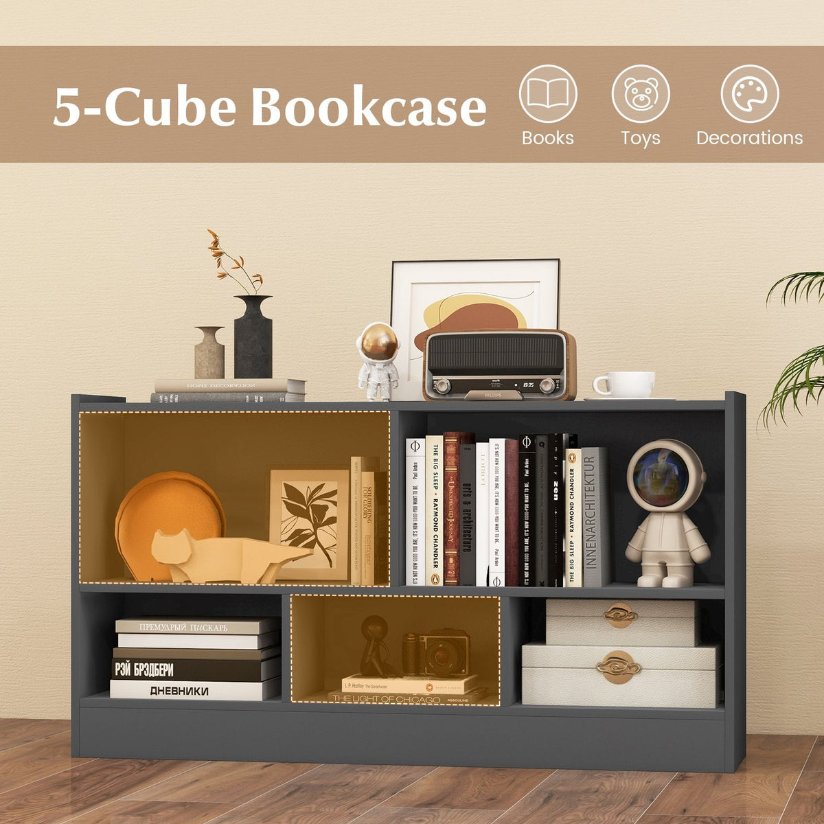 Bibliothèque pour enfants à 2 étagères, meuble de rangement de jouets en bois à 5 compartiments – Gris