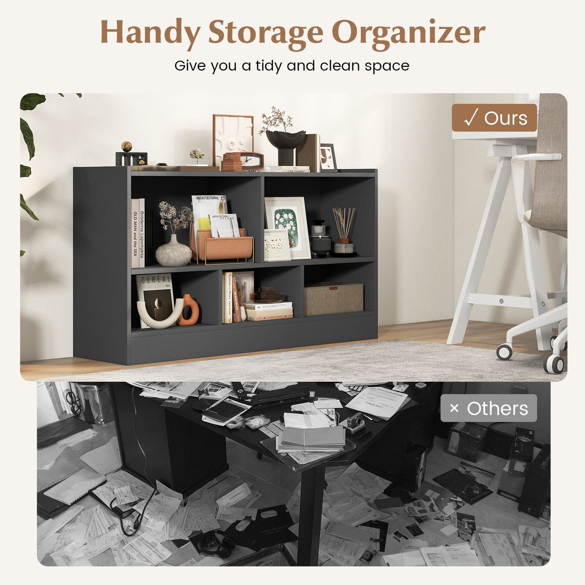 Bibliothèque pour enfants à 2 étagères, meuble de rangement de jouets en bois à 5 compartiments – Gris