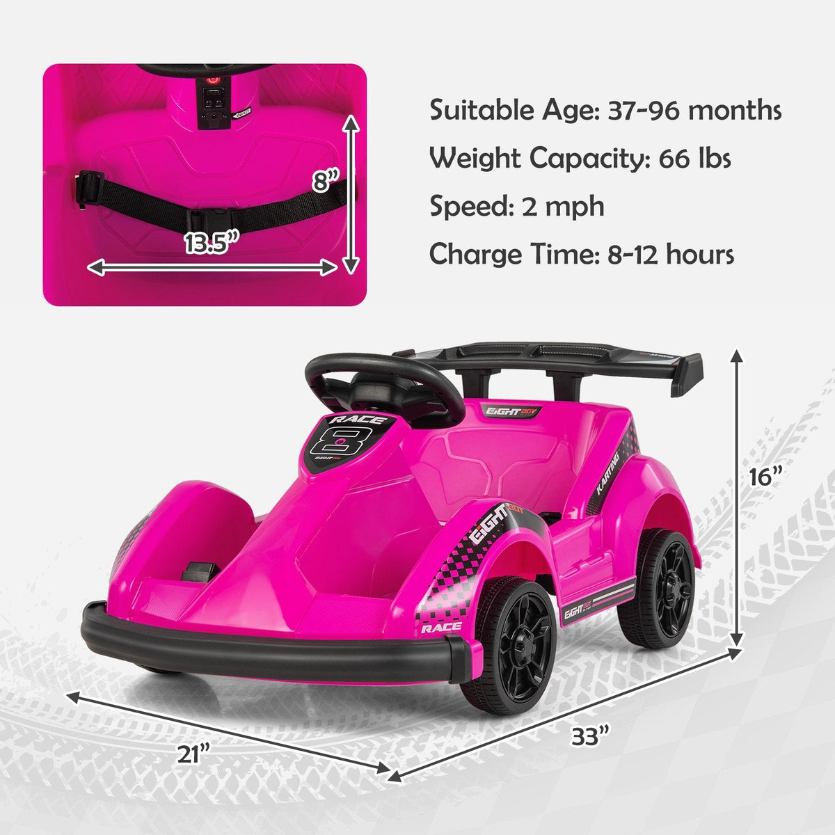 6V Kinder-Elektroauto mit 13,5-Zoll-Sitz mit Gurt und USB-Musikpanel, Pink