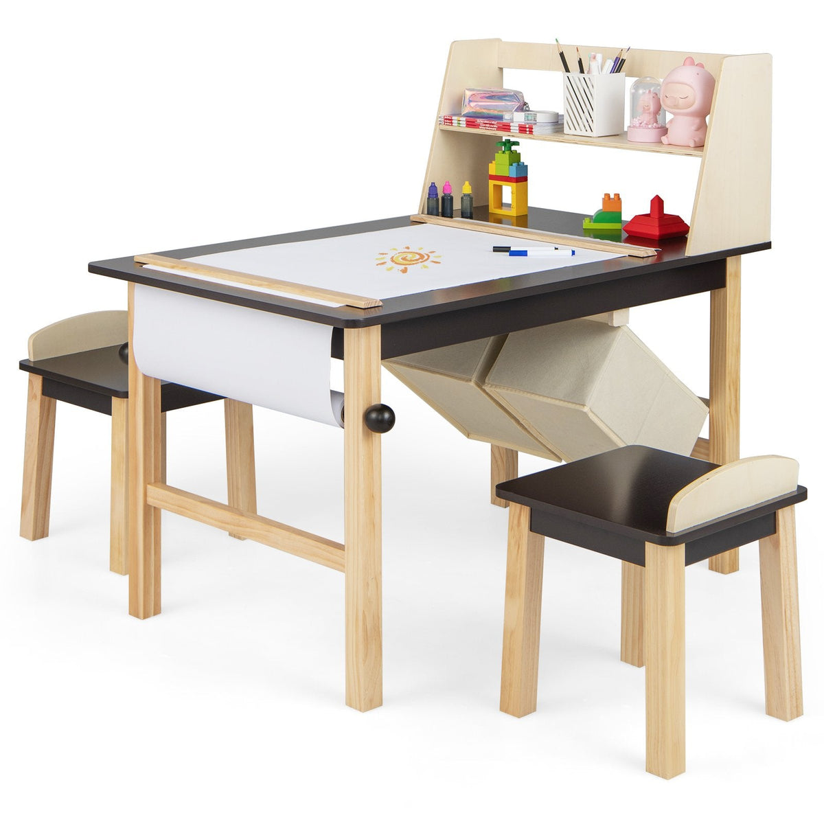 Mesa y Sillas de Arte para Niños con Rollo de Papel y Cestas de Almacenamiento - Café
