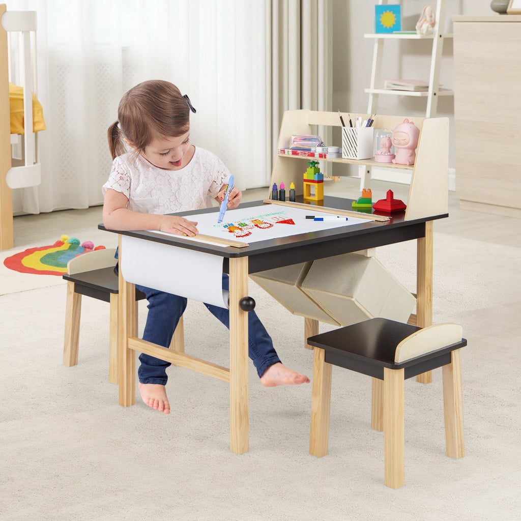 Mesa y Sillas de Arte para Niños con Rollo de Papel y Cestas de Almacenamiento - Café