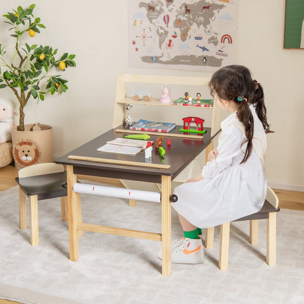 Mesa y Sillas de Arte para Niños con Rollo de Papel y Cestas de Almacenamiento - Café