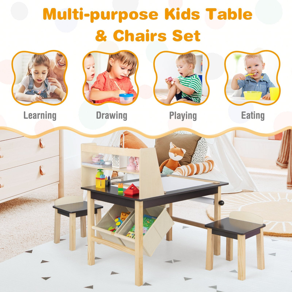 Mesa y Sillas de Arte para Niños con Rollo de Papel y Cestas de Almacenamiento - Café
