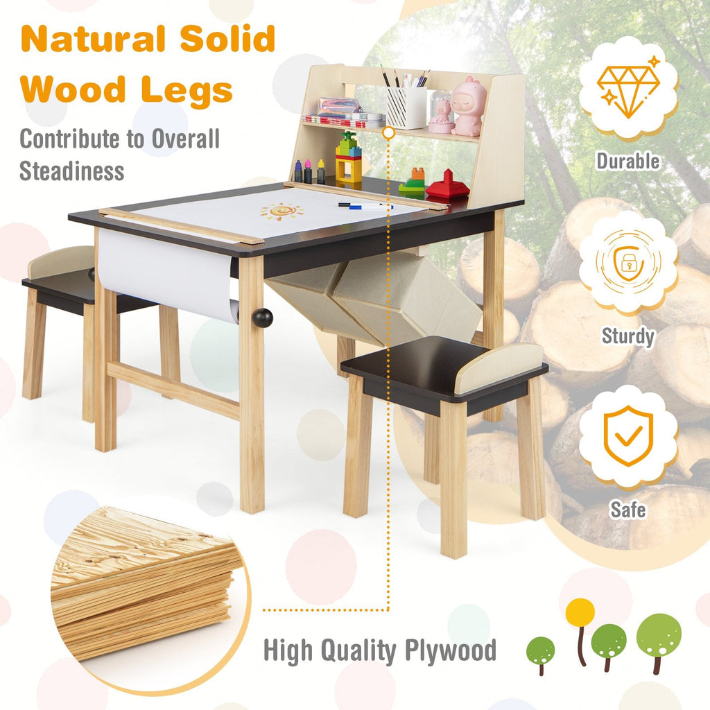 Mesa y Sillas de Arte para Niños con Rollo de Papel y Cestas de Almacenamiento - Café
