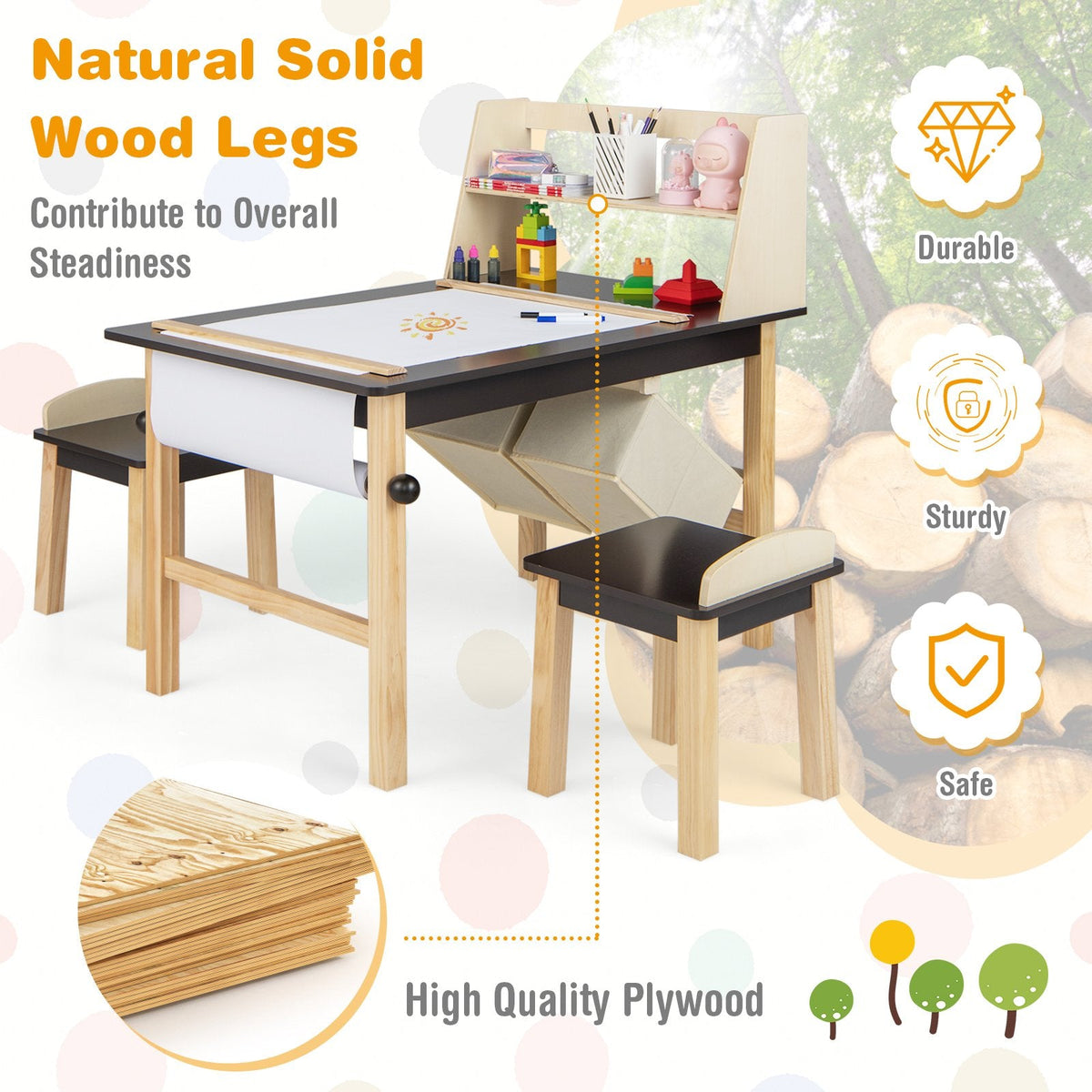 Mesa y Sillas de Arte para Niños con Rollo de Papel y Cestas de Almacenamiento - Café