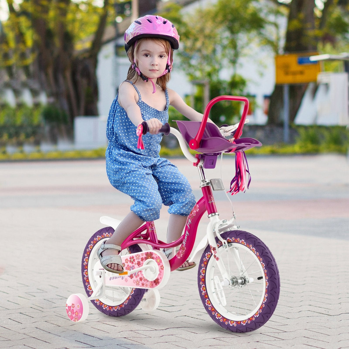 Vélo pour enfant de 16 pouces avec siège pour poupée amovible et roues d’apprentissage démontables
