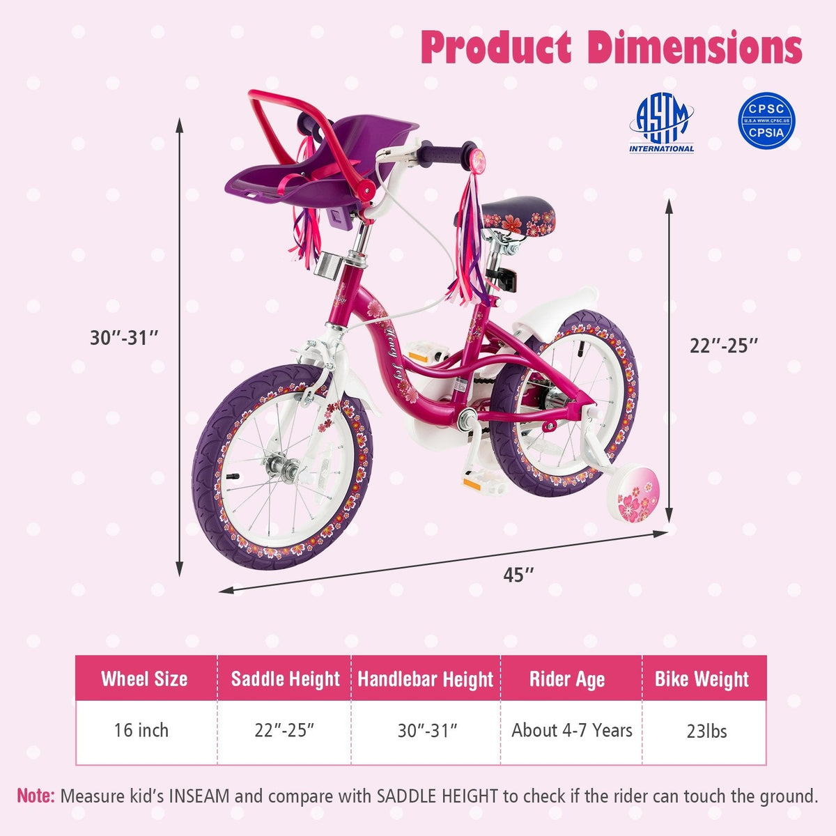 Vélo pour enfant de 16 pouces avec siège pour poupée amovible et roues d’apprentissage démontables