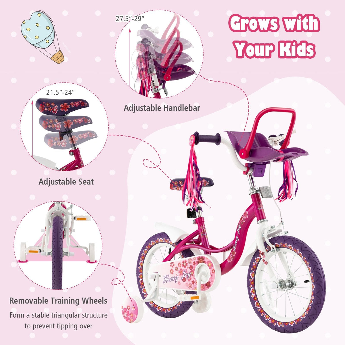 Vélo pour enfant de 16 pouces avec siège pour poupée amovible et roues d’apprentissage démontables