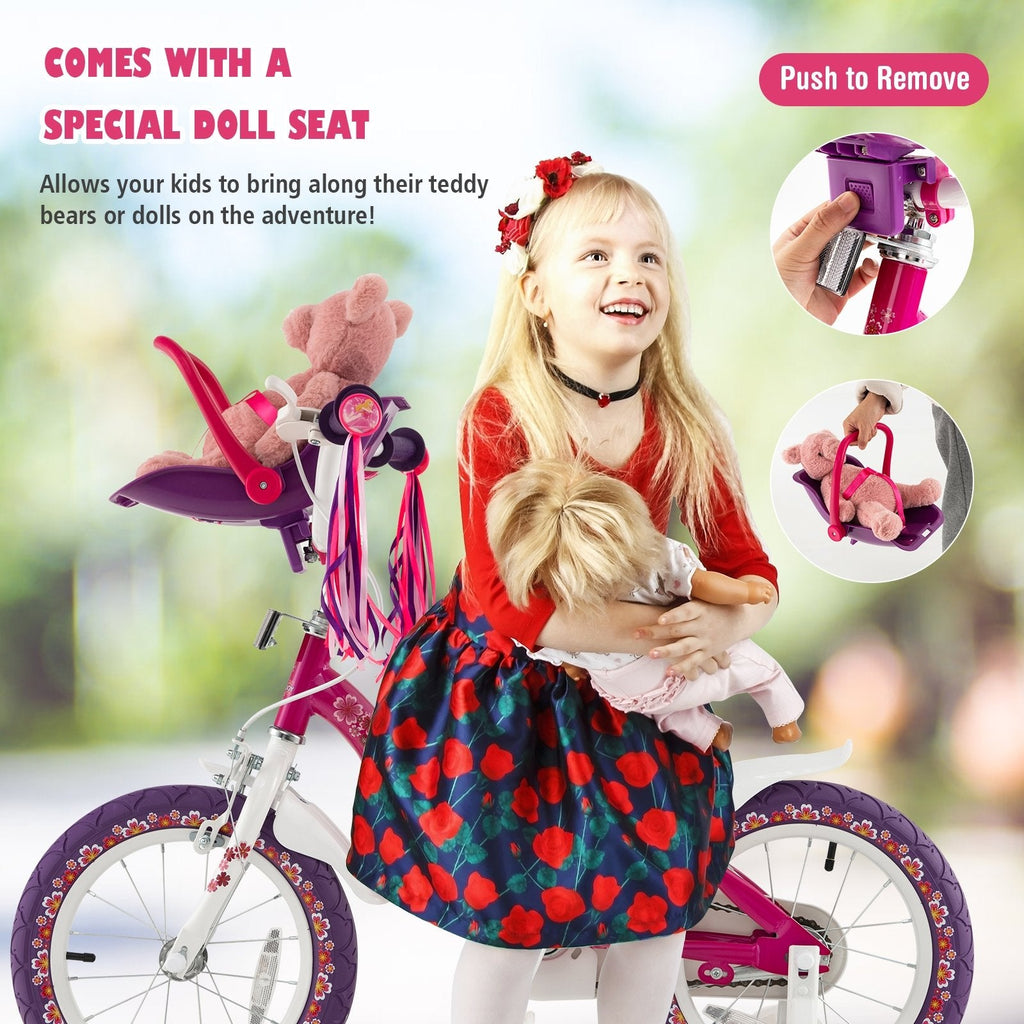 Vélo pour enfant de 16 pouces avec siège pour poupée amovible et roues d’apprentissage démontables