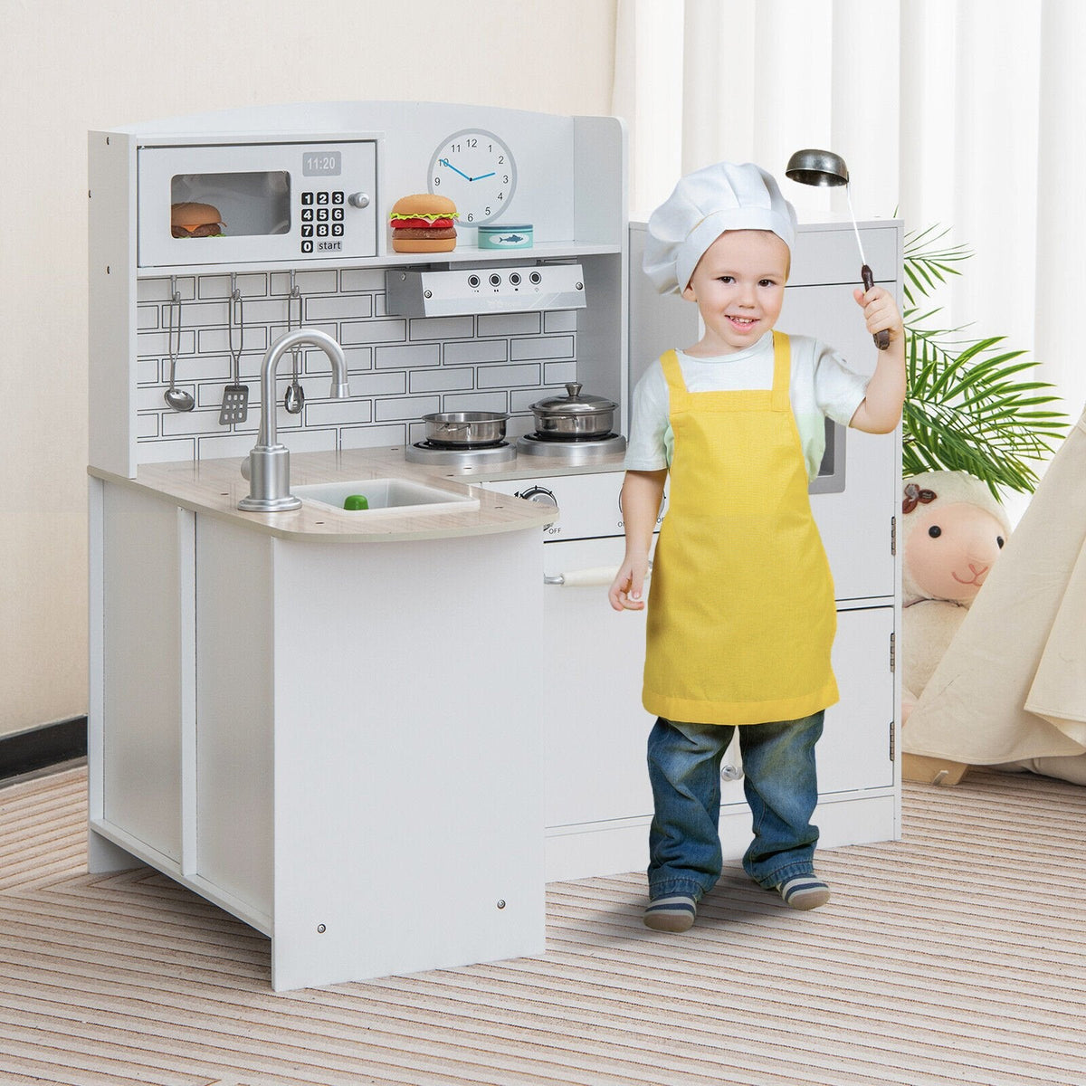 Weiße Eck-Spielküche für Kinder mit abnehmbarem Kühlschrank, Wasserspender und Kochgeschirr
