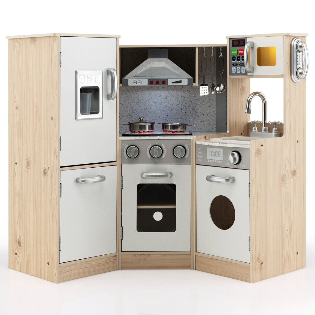 Cuisine d'angle en bois pour enfants avec neuf appareils, distributeur de glaçons et ustensiles de cuisine