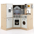 Cuisine d'angle en bois pour enfants avec neuf appareils, distributeur de glaçons et ustensiles de cuisine