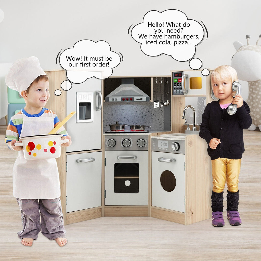 Cuisine d'angle en bois pour enfants avec neuf appareils, distributeur de glaçons et ustensiles de cuisine