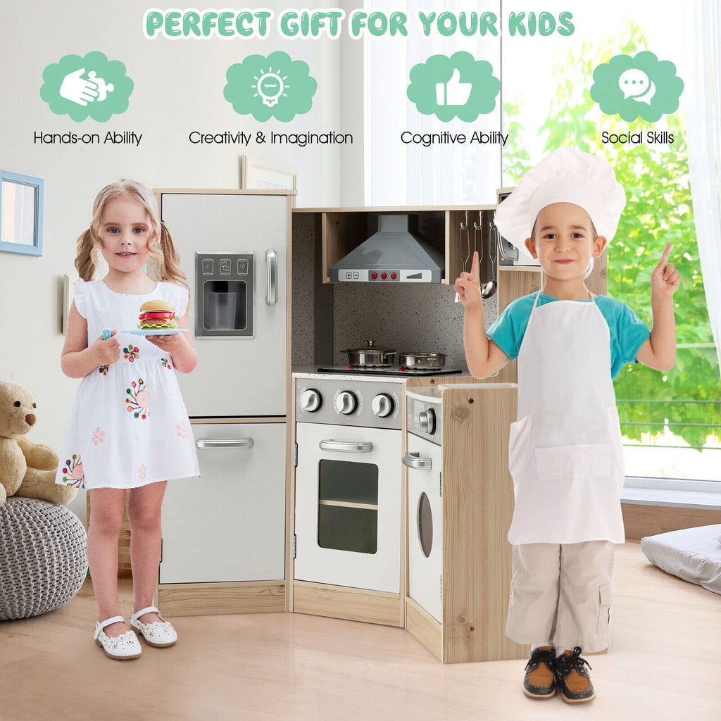 Cuisine d'angle en bois pour enfants avec neuf appareils, distributeur de glaçons et ustensiles de cuisine