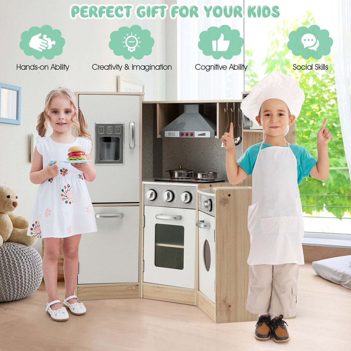 Cuisine d'angle en bois pour enfants avec neuf appareils, distributeur de glaçons et ustensiles de cuisine
