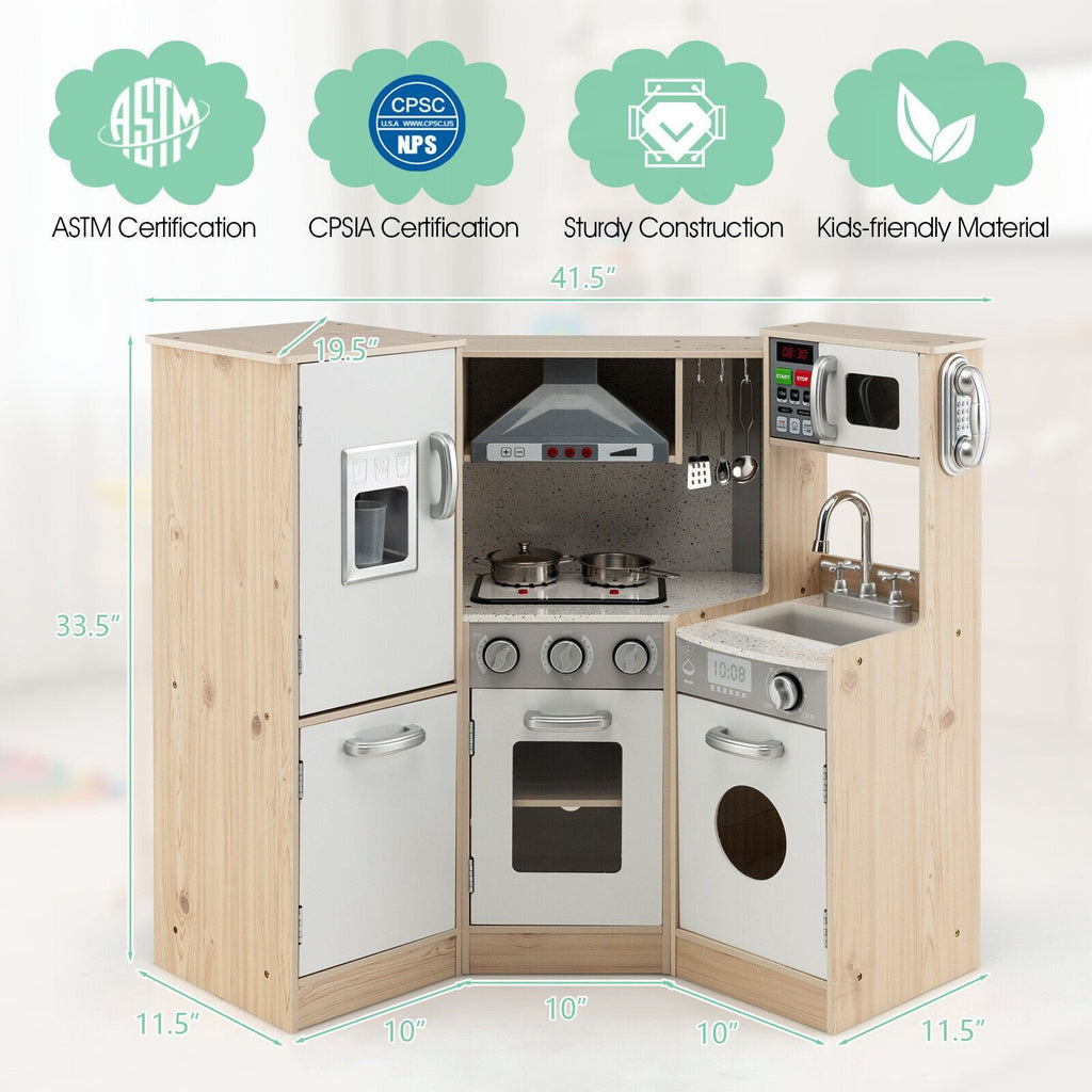 Cuisine d'angle en bois pour enfants avec neuf appareils, distributeur de glaçons et ustensiles de cuisine