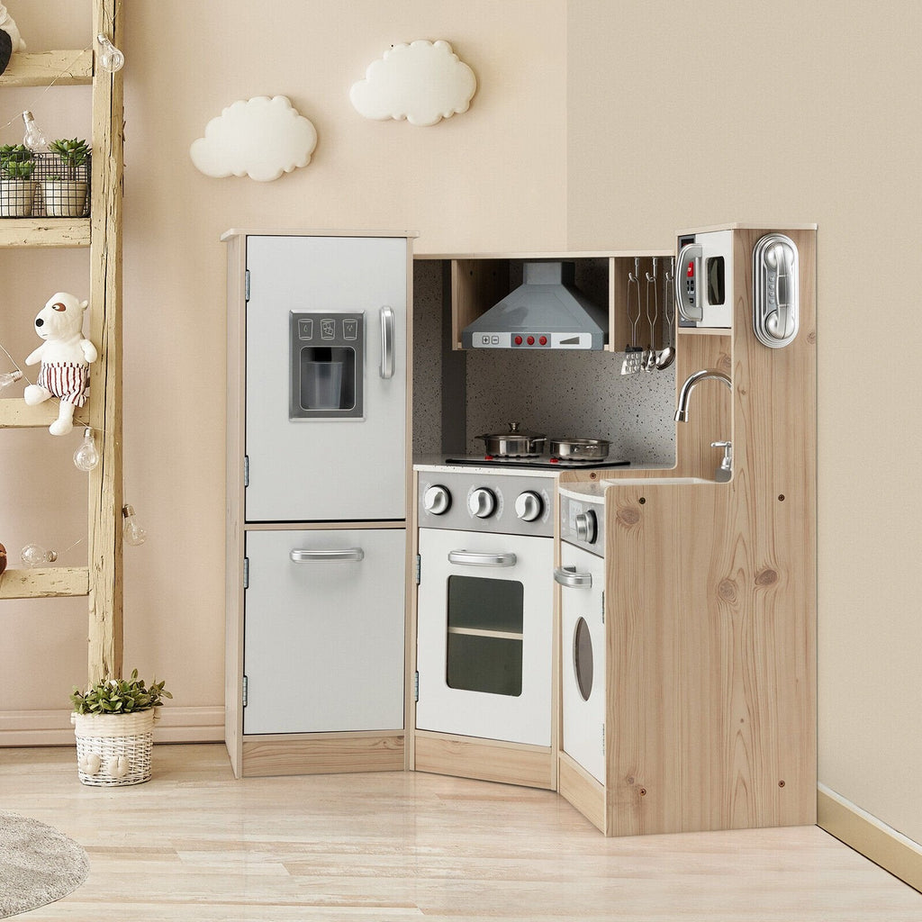 Cuisine d'angle en bois pour enfants avec neuf appareils, distributeur de glaçons et ustensiles de cuisine