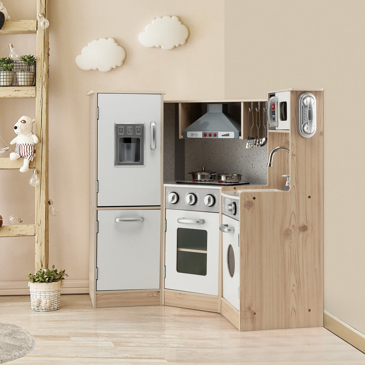 Cuisine d'angle en bois pour enfants avec neuf appareils, distributeur de glaçons et ustensiles de cuisine