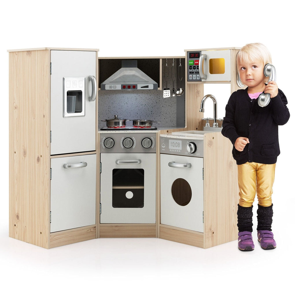Cuisine d'angle en bois pour enfants avec neuf appareils, distributeur de glaçons et ustensiles de cuisine