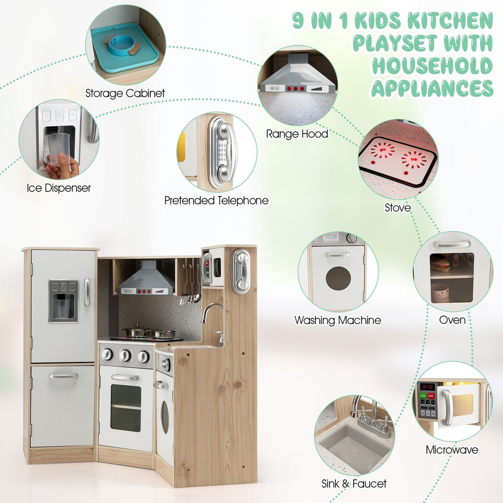 Cuisine d'angle en bois pour enfants avec neuf appareils, distributeur de glaçons et ustensiles de cuisine
