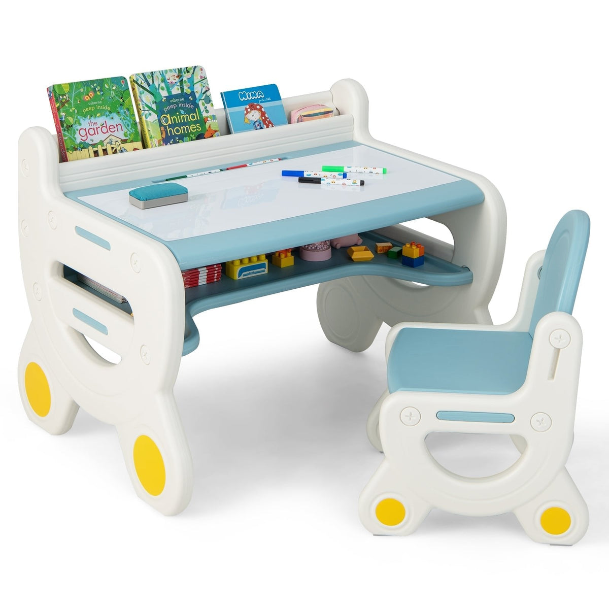 Set de mesa y silla para dibujo infantil con rotuladores de acuarela y borrador para pizarra-Azul