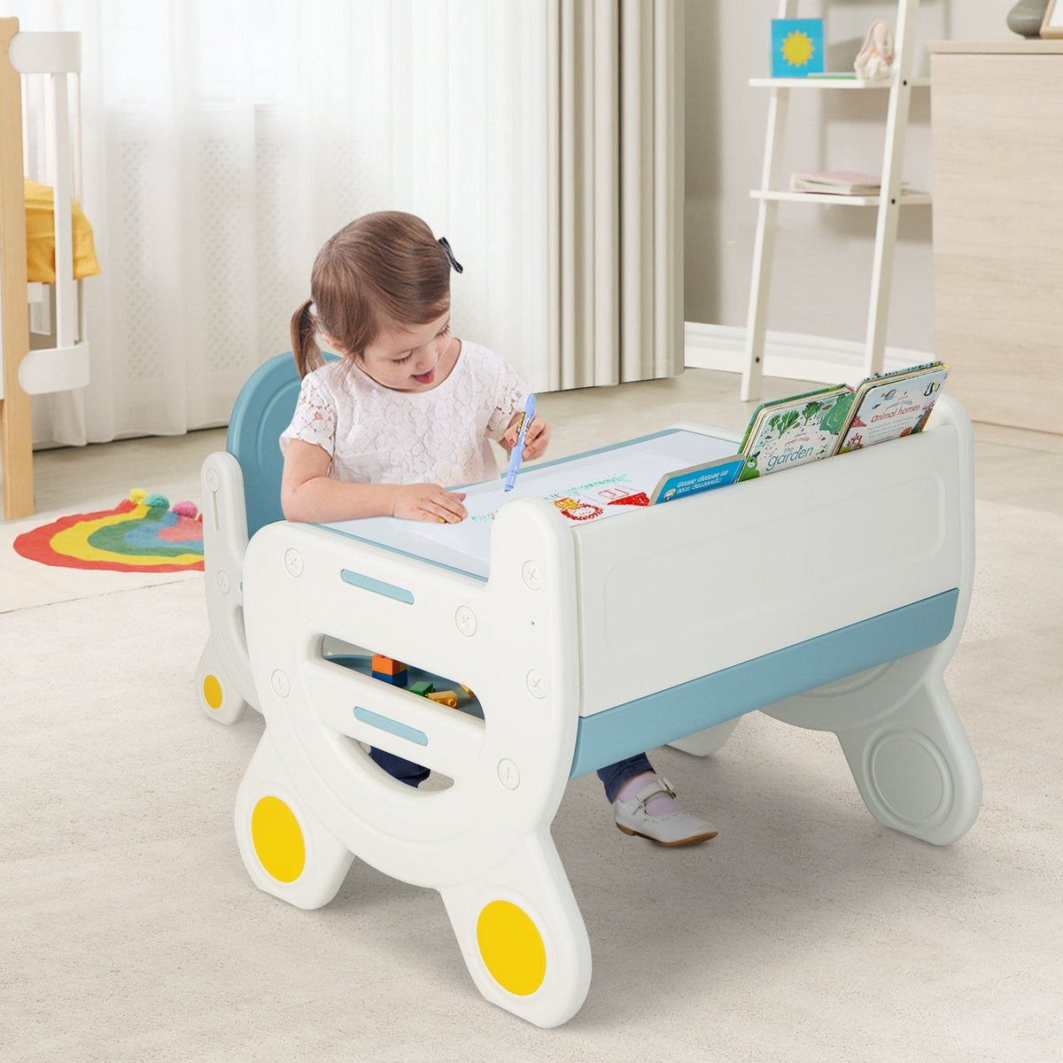 Set de mesa y silla para dibujo infantil con rotuladores de acuarela y borrador para pizarra-Azul