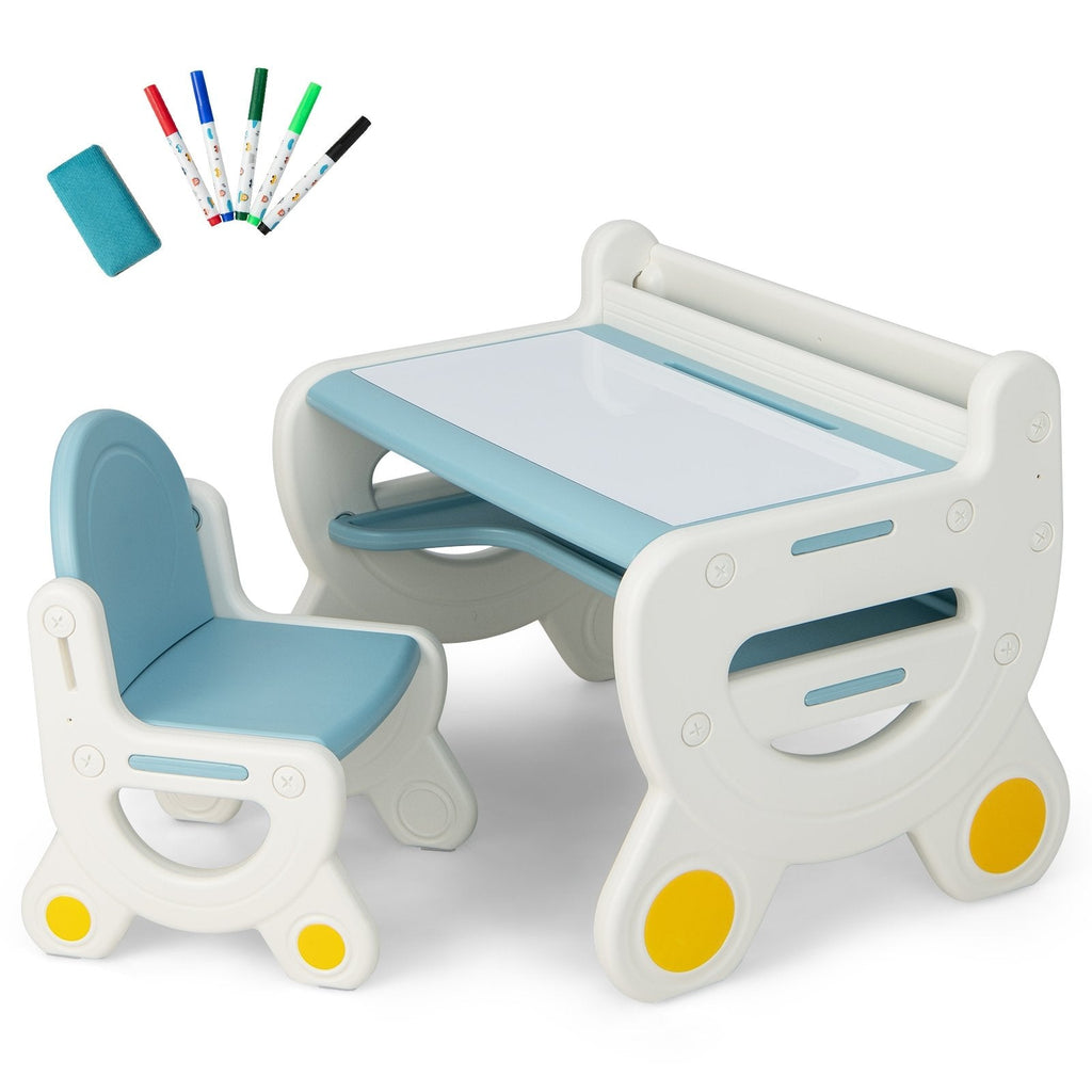 Set de mesa y silla para dibujo infantil con rotuladores de acuarela y borrador para pizarra-Azul
