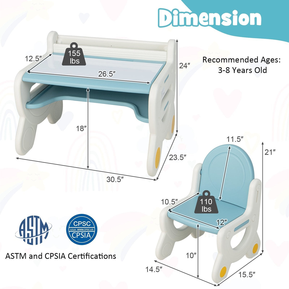 Set de mesa y silla para dibujo infantil con rotuladores de acuarela y borrador para pizarra-Azul